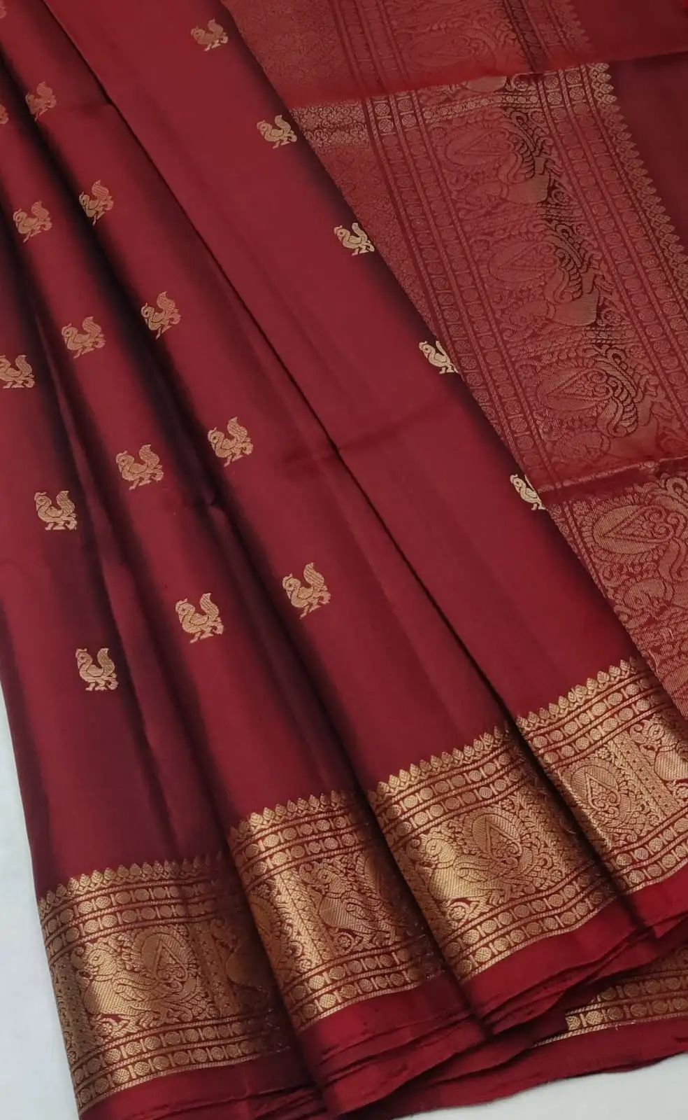 Maroon & Gold Peacock Brocade Kanchipuram Silk Saree